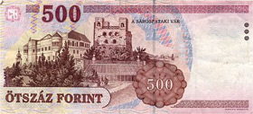 Die Rckseite des 500 Forint-Scheines zeigt das Schloss von Saropatak