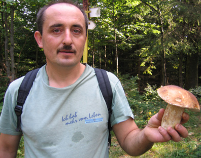 An einer Wegkreuzung treffen wir auf diesen  Pilzsammler. 