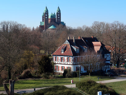 Blick von der Salierbrcke auf die Rheinpromenade und dem Speyrer Dom