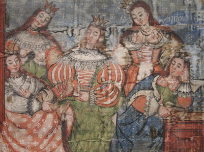 Wandmalerei in der alten Kirche von Hervartov zeigt das Gleichnis von den klugen und trichten Jungfrauen