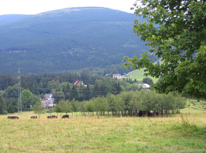 Der Ramsauer Sattel (Ramzová sedlo), im Hintergrund der Berg Hochschar (Serák) im Altvatergebirge