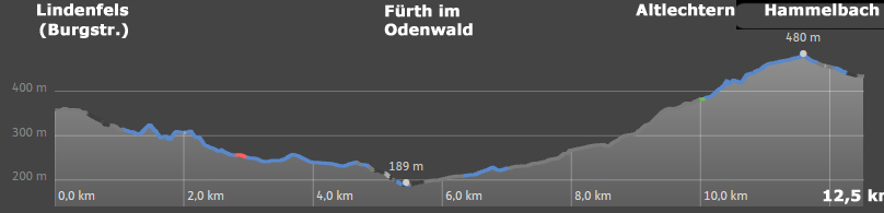 Hhenprofil des Camino incluso von Lindenfels nach Hammelbach (Odenwald)