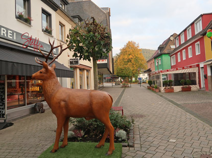 Eifelsteig Etappe 5: Hirsch wartet geduldigt vor der Metzgerei in Gemnd