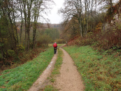 Wanderer vor dem Wasserfall Dreimühlen