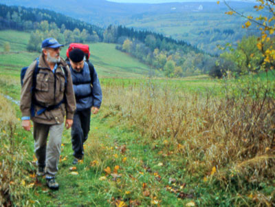 Der Eisenach-Budapest-Fernwanderweg verluft durch das Erzgebirge oft durch eine offene Landschaft