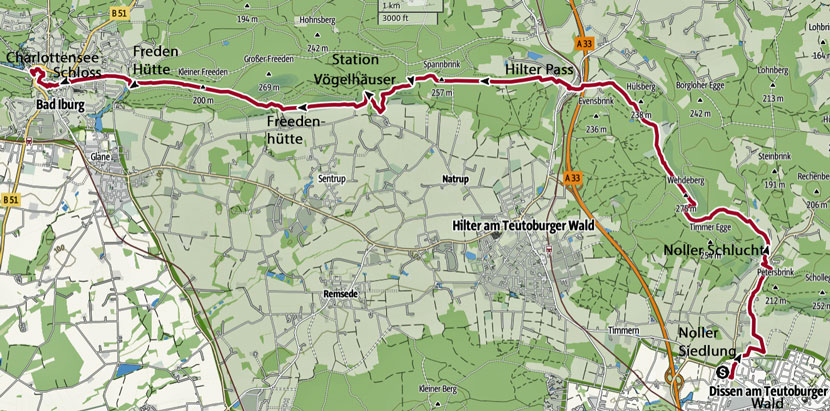 Landkarte Hermannsweg von Dissen nach Bad Iburg