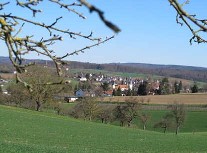 Von einer Anhhe erblicken wir den 1.800 Einwohner zhlenden Ort Spechbach im Kleinen Odenwald