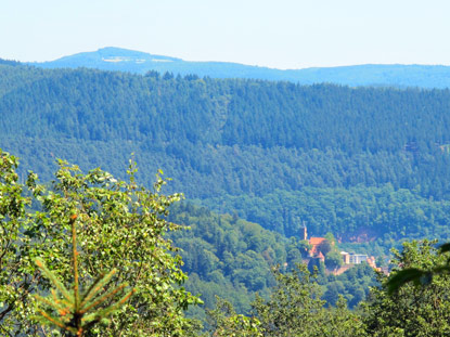 Beim Abstieg erblickt man das Schloss Hirschhorn und die hchst Erhebung des Odenwaldes, den Katzenbuckel (626 m)