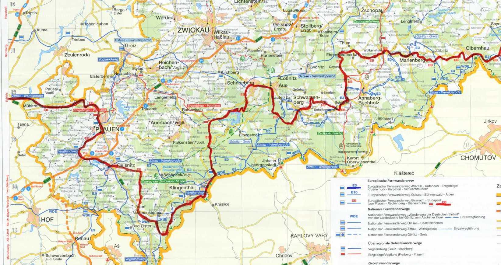 Landkarte von Sachsen mit roter Markierung des EB-Wanderwegs