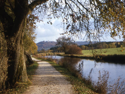 Herbststimmung am alten Main-Donaukanal. Im Hintergrund die Burg Wolfstein