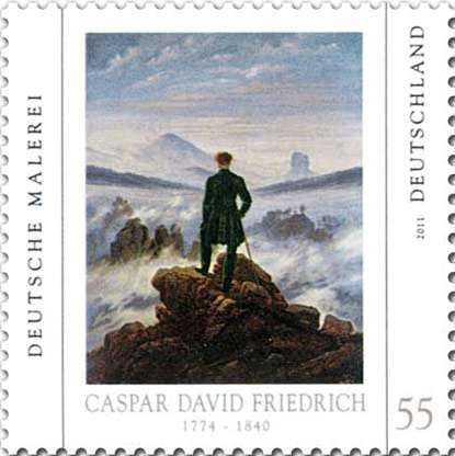 aspar David Friedrich: "Der Wanderer über dem Nebelmeer".  Der Wanderer steht auf dem Felsen Kaiserkrone, hinten links der Rosenberg und rechts der Fels Zirkelstein.