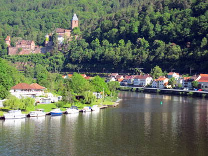 Blick von der neuen Neckarbrcke auf Zwingenberg und Schloss Zwingenberg 