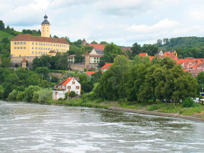 Blick von der Neckarschleuse auf Schloss Horneck und Gundelsheim