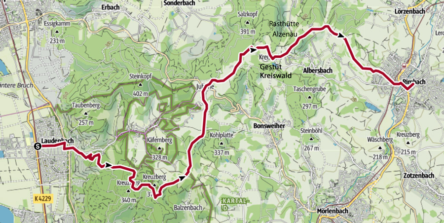 Wegverlauf auf dem HW 26 von Laudenbach nach Rimbach