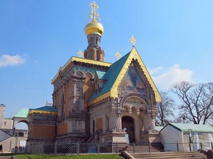 Wanderung Odenwald auf dem Burgensteig Bergstrae: Russische Kapelle zum Andenken an Alexandra, sie war die Schwester des Groherzogs und verheiratet mit dem Zaren Nikoluas II.