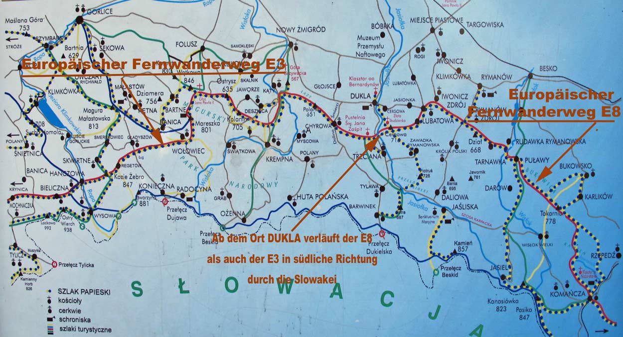 Landkarte mit dem Verlauf des Beskiden Hauptwegs (Fernwanderweg E3 und E8) durch die Niederen Beskiden