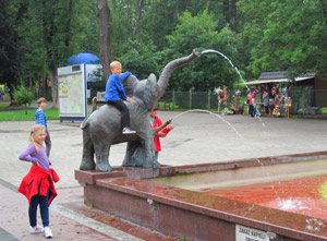 Der Springbrunnen "Fontanna ze słoniami", immer von Kindern umlagert 