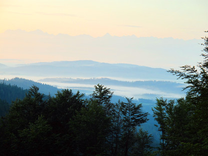 Morgenstimmung auf der Schronisko  na Hali Krupowej. Im Hintergrund ist schemenhaft die Hohe Tatra zu erkennen.