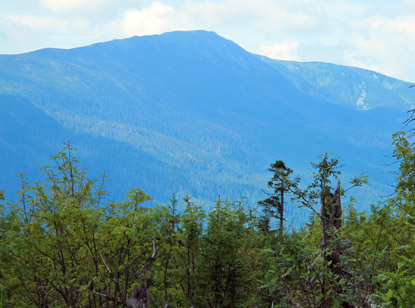 Vom  1.396 m hohen Gipfel Polica sehen wir zum ersten Mal das Massiv des Babia Gra (Altweiberbergs)