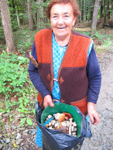 Pilzsammlerin mit einem Eimer voller Steinpilze
