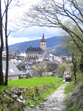 Auf dem Rheinsteig zur Festung Nollig. Blick zurck auf  den Ort Lorch 