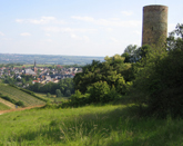 Blick auf Kiedrich. Im Vordergrund  die Burgruine Scharfenstein