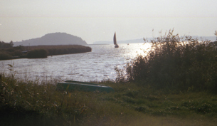 Blick auf die Ostsee mit einem einsamen Segelboot, im Hintergrund ist die für Besucher gesperrte Insel Vlim zu erkennen