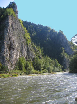 Piennen: Der Fluss Dunajec (Dunajetz) geht an der mchtigen Steilwand des 772 m hohen Czertezik vorbei. 