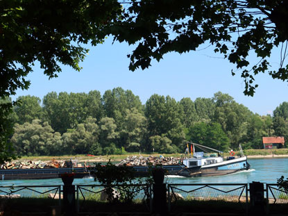 Vogensenweg: Bick vom Biergarten des Restaurants "Au Bord du Rhin" auf die Schiffe auf dem Rhein